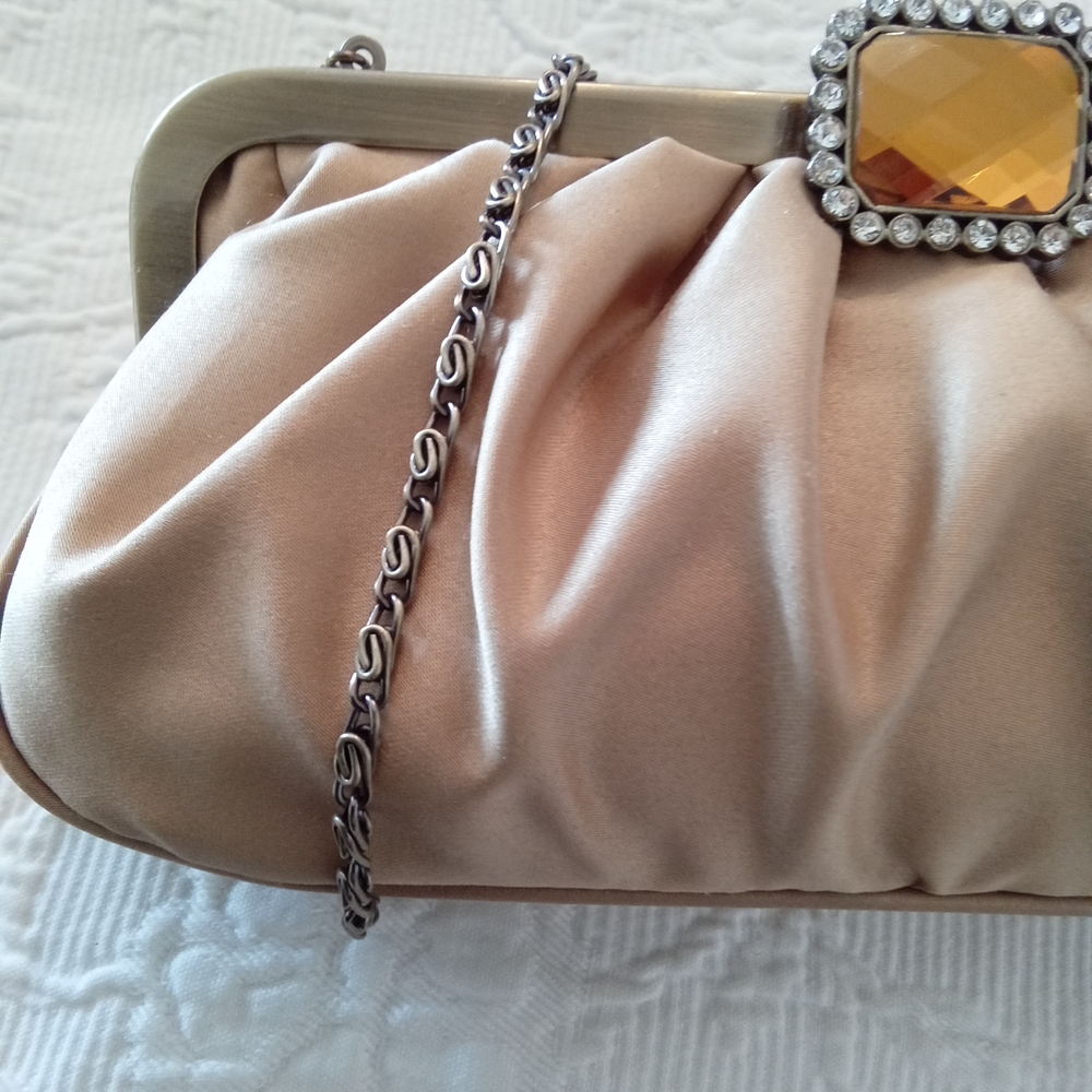 Jessica McClintock Gold Satin Clutch with Jewel Accent & Antique Goldtone Chain - Picture 5 of 10